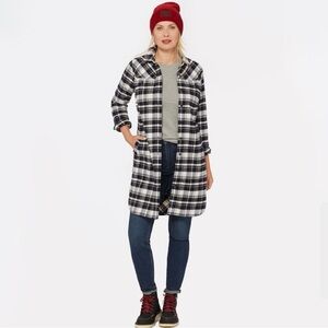 Duluth Trading Company Plaid Longline Jacket. Buffalo Black White Plaid. NWOT.